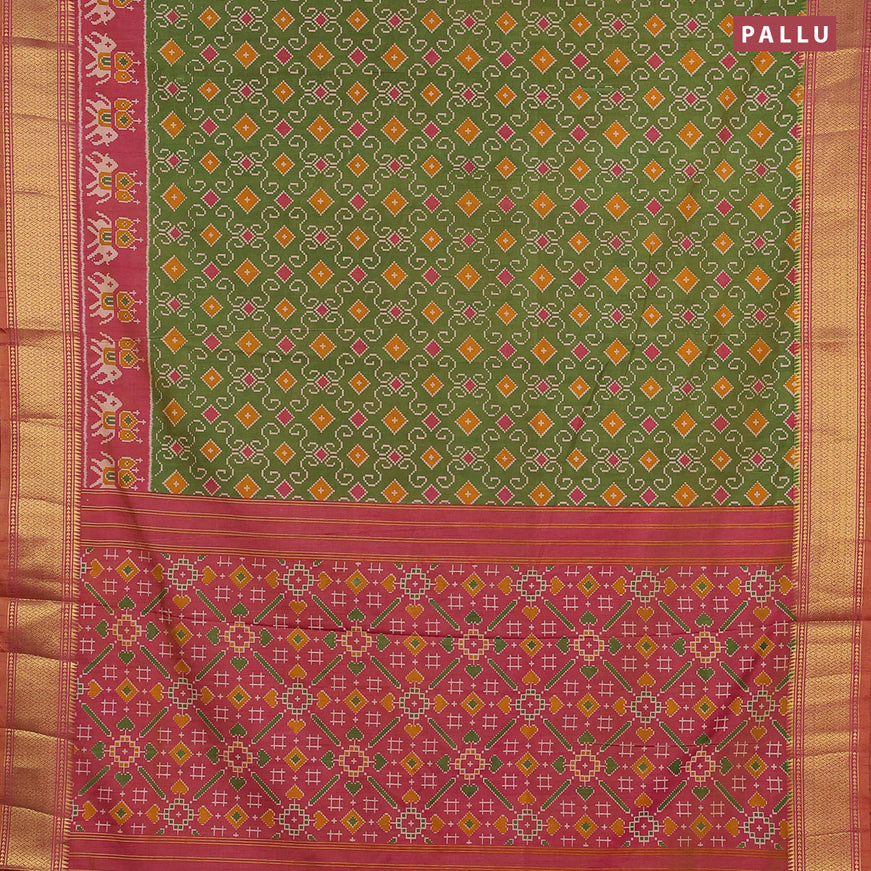 Semi tussar saree green shade and dual shade of pink with allover ikat weaves and zari woven border