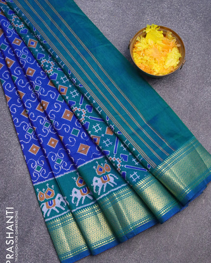 Semi tussar saree blue and dual shade teal bluish green with allover ikat weaves and zari woven border