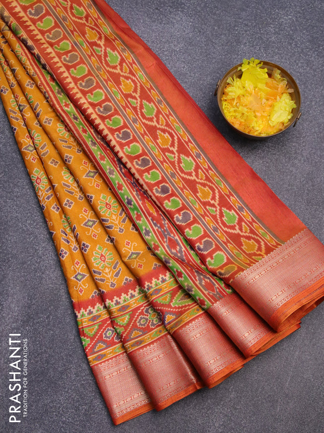 Semi tussar saree mustard yellow and red with allover ikat weaves and zari woven border