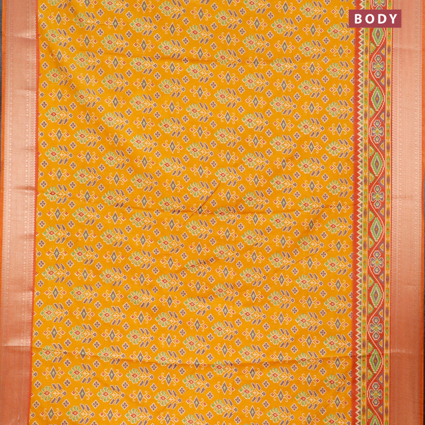 Semi tussar saree mustard yellow and red with allover ikat weaves and zari woven border
