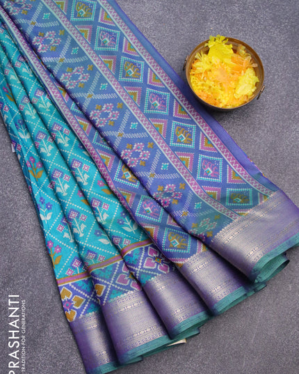 Semi tussar saree teal blue and dual shade of blue with allover ikat weaves and zari woven border