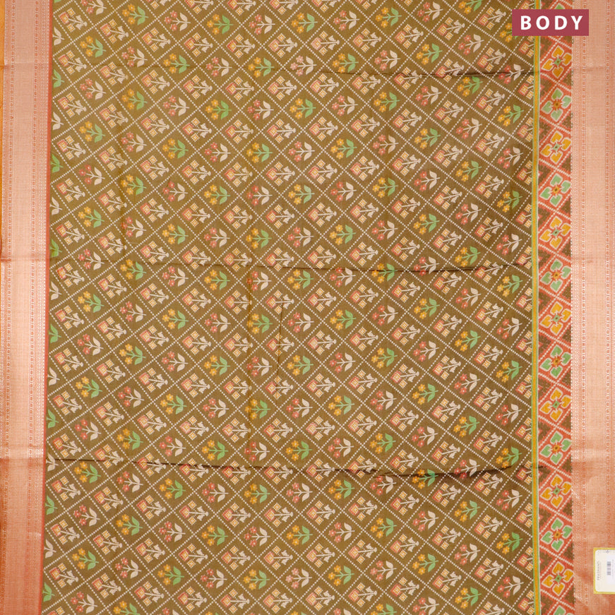 Semi tussar saree mehendi green and dual shade of pinkish rust with allover ikat weaves and zari woven border