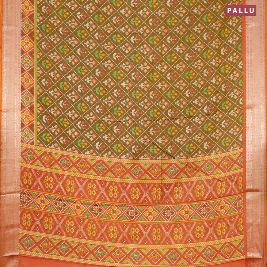 Semi tussar saree mehendi green and dual shade of pinkish rust with allover ikat weaves and zari woven border