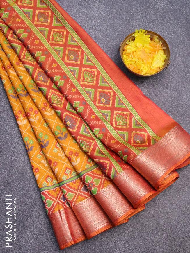 Semi tussar saree mustard yellow and maroon shade with allover ikat weaves and zari woven border