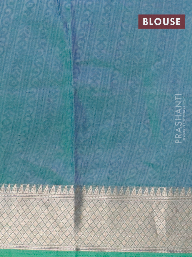 Semi tussar saree teal green and dual shade of blue with allover ikat weaves and zari woven border