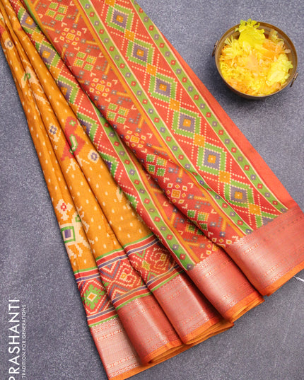Semi tussar saree mustard yellow and rust shade with allover ikat weaves and zari woven border