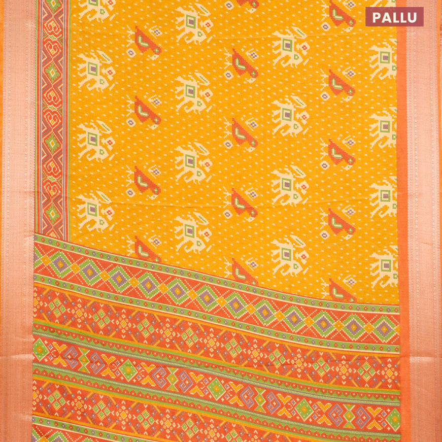 Semi tussar saree mustard yellow and rust shade with allover ikat weaves and zari woven border
