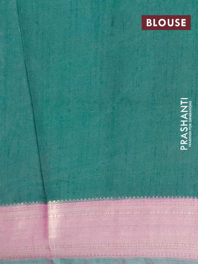 Semi tussar saree dark green and dual shade of purple with allover ikat weaves and zari woven border