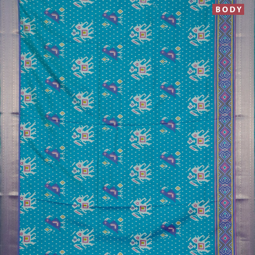 Semi tussar saree teal blue and dual shade of violet with allover ikat weaves and zari woven border