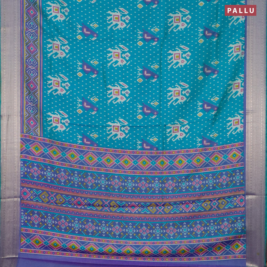 Semi tussar saree teal blue and dual shade of violet with allover ikat weaves and zari woven border