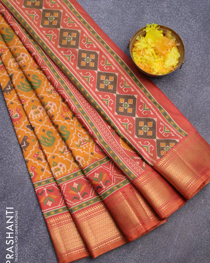 Semi tussar saree mustard yellow and red shade with allover ikat weaves and zari woven border