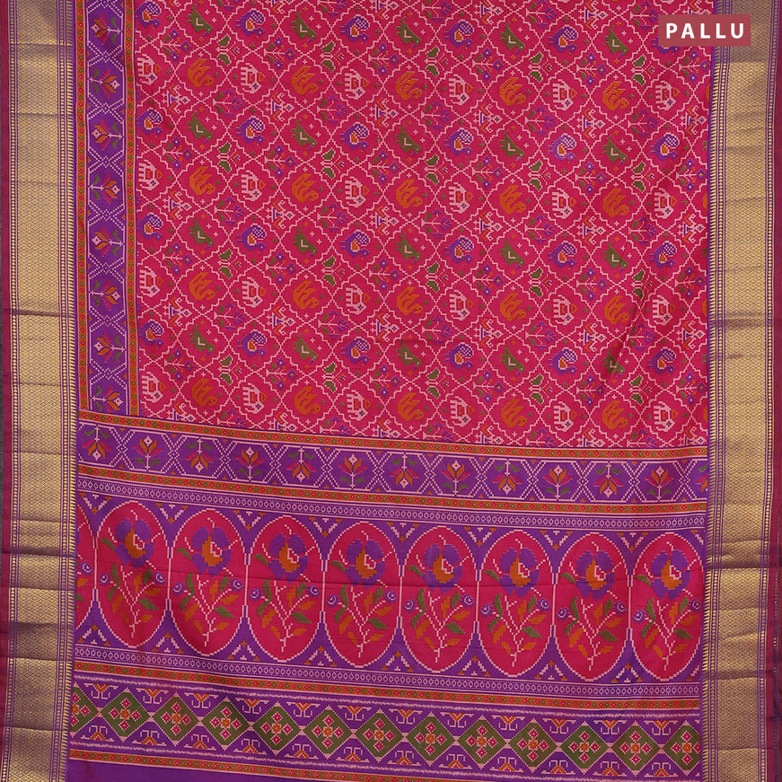 Semi tussar saree pink shade and dual shade of purple with allover ikat weaves and zari woven border