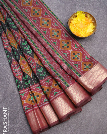 Semi tussar saree black and maroon with allover ikat weaves and zari woven border