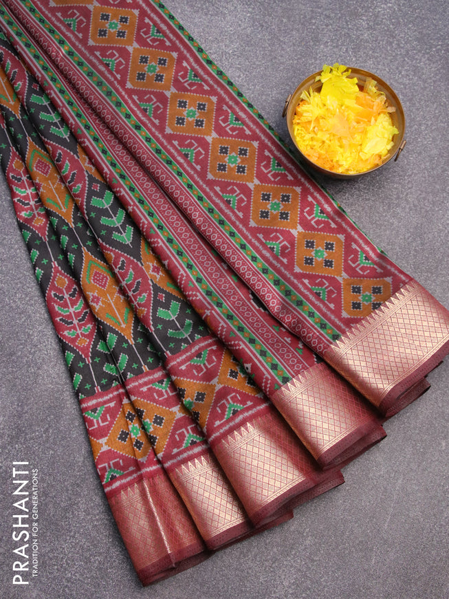 Semi tussar saree black and maroon with allover ikat weaves and zari woven border