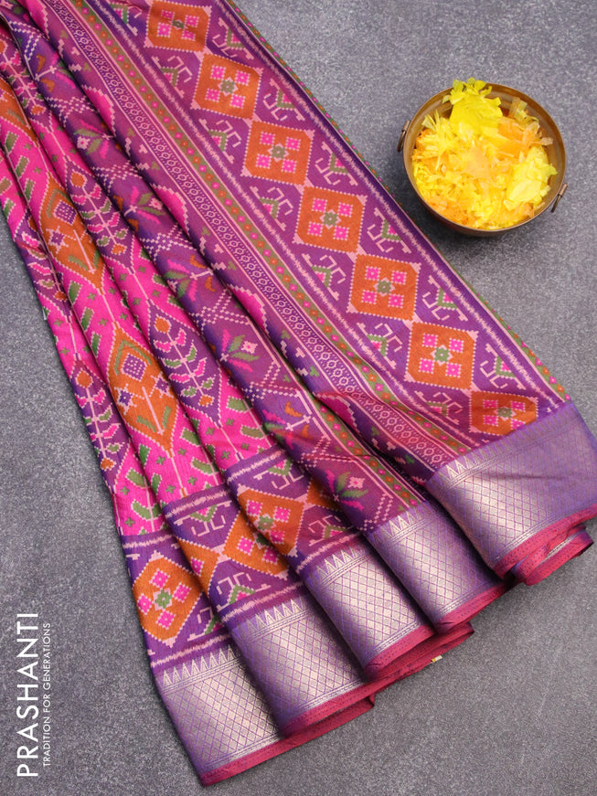 Semi tussar saree pink mustard and dual shade of purple with allover ikat weaves and zari woven border