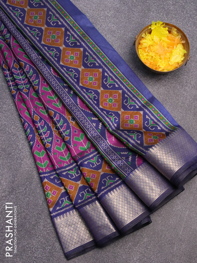 Semi tussar saree purple mustard and navy blue with allover ikat weaves and zari woven border