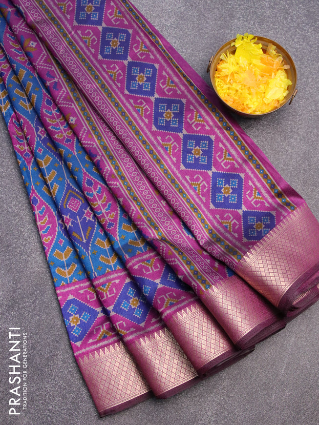 Semi tussar saree peacock blue and purple with allover ikat weaves and zari woven border