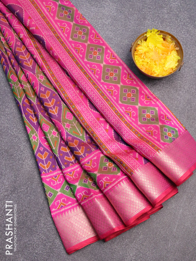 Semi tussar saree dual shade of purple green and pink with allover ikat weaves and zari woven border