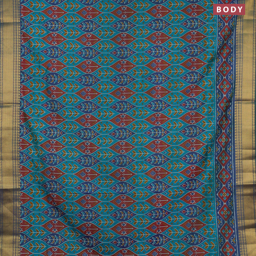 Semi tussar saree teal blue maroon and blue with allover ikat weaves and zari woven border