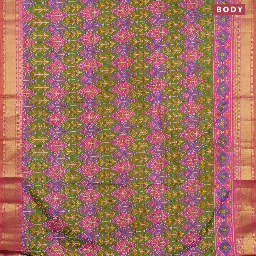 Semi tussar saree green violet shade and pink with allover ikat weaves and zari woven border