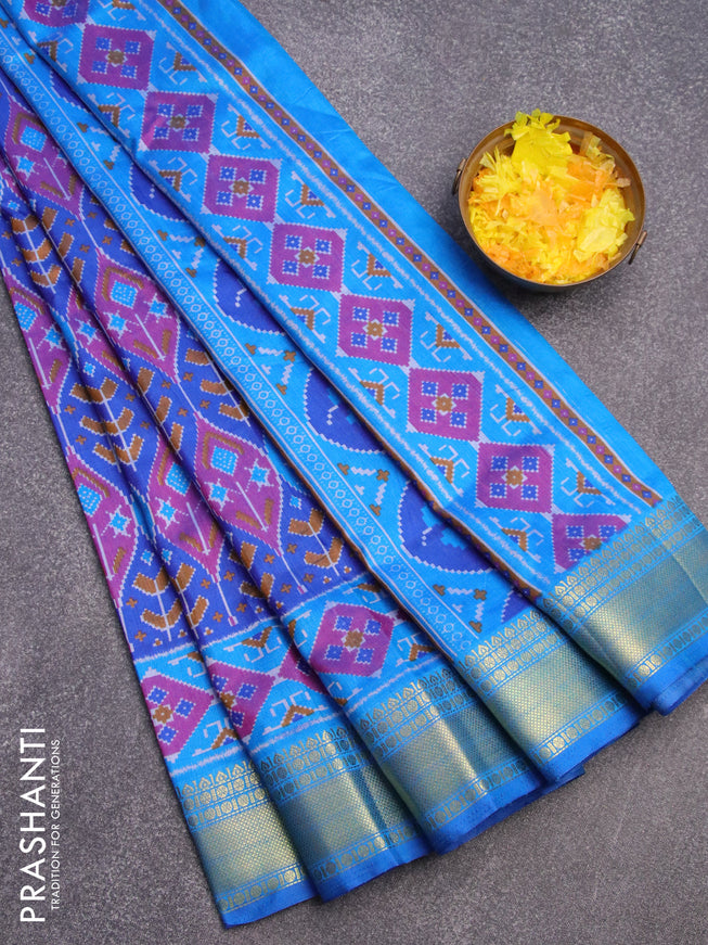 Semi tussar saree blue purple and cs blue with allover ikat weaves and zari woven border