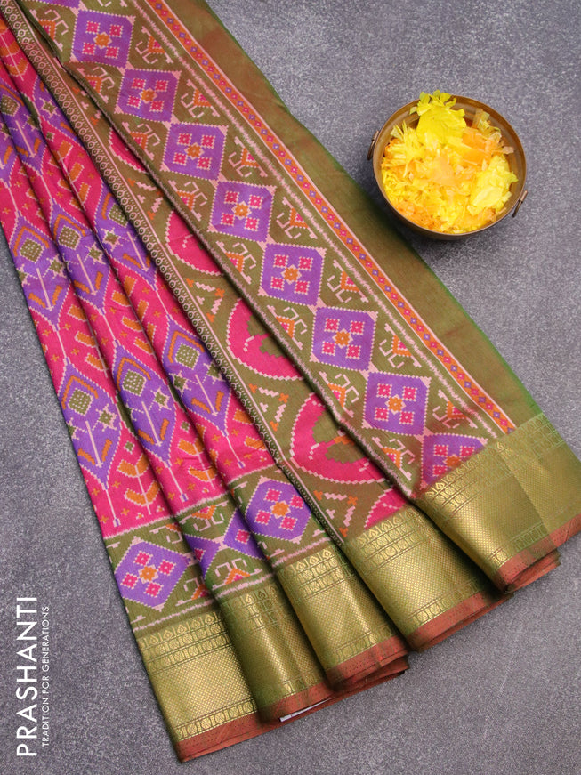 Semi tussar saree pink violet and dual shade of green with allover ikat weaves and zari woven border