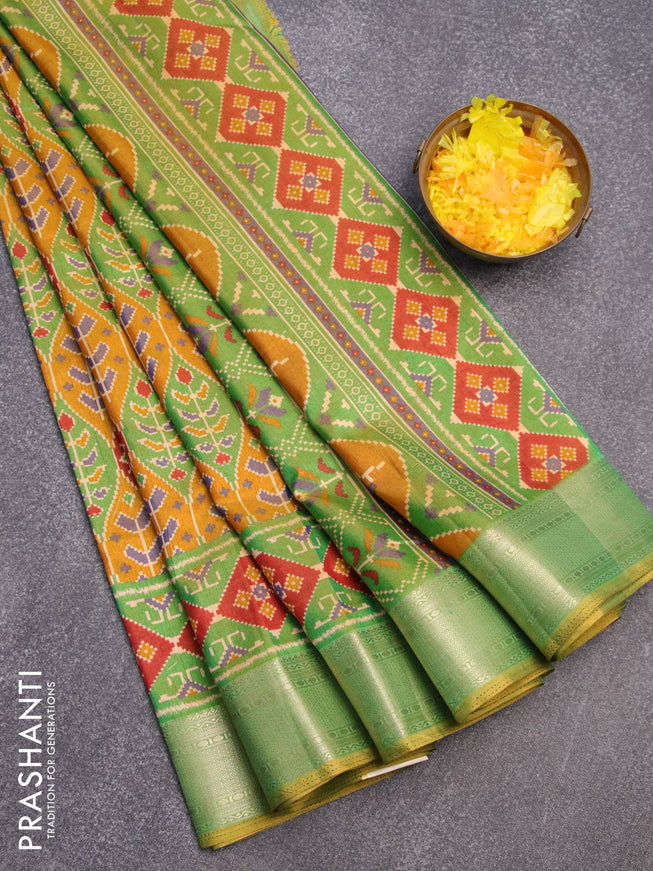 Semi tussar saree mustard yellow maroon and green with allover ikat weaves and zari woven border