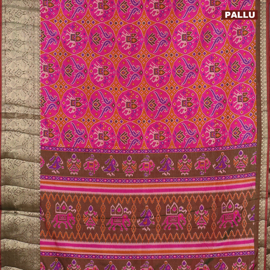 Semi tussar saree pink and maroon with allover ikat weaves and zari woven border