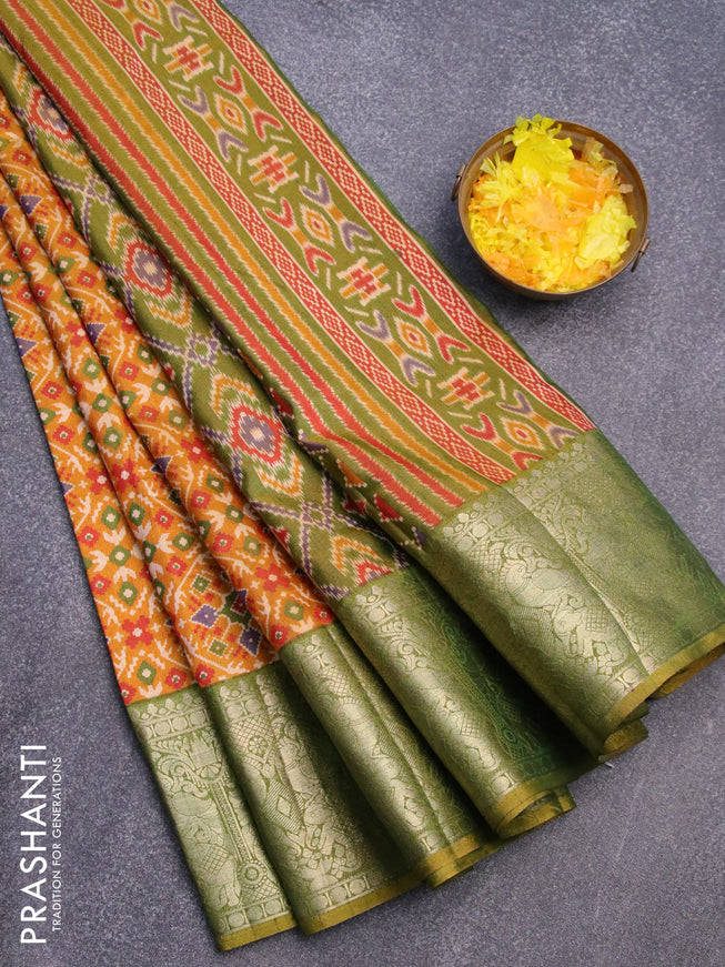 Semi tussar saree mustard yellow and dual shade of green with allover ikat weaves and zari woven border