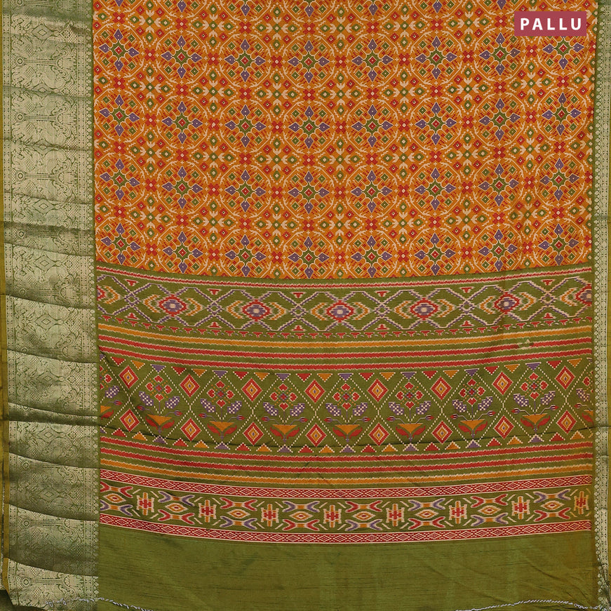 Semi tussar saree mustard yellow and dual shade of green with allover ikat weaves and zari woven border