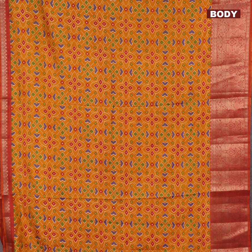 Semi tussar saree mustard yellow and dual shade of rust with allover ikat weaves and zari woven border