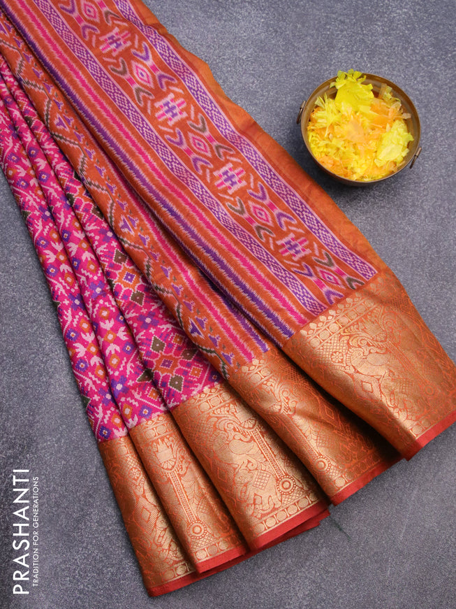 Semi tussar saree pink and dual shade of rust with allover ikat weaves and zari woven border