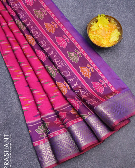 Semi tussar saree pink and dual shade of purple with allover ikat weaves and zari woven border