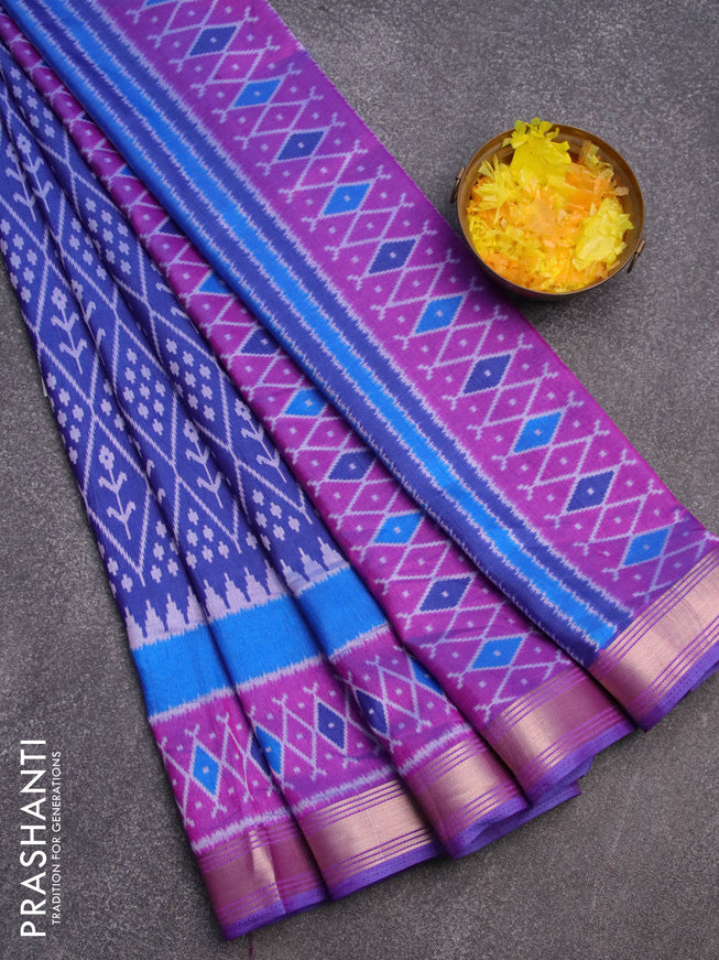 Semi tussar saree blue and dual shade of purple with allover ikat weaves and zari woven border