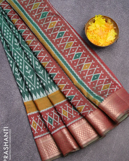 Semi tussar saree dark green and maroon with allover ikat weaves and zari woven border