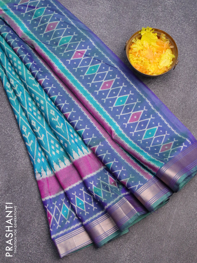 Semi tussar saree dual shade of teal blue and dual shade of violet with allover ikat weaves and zari woven border