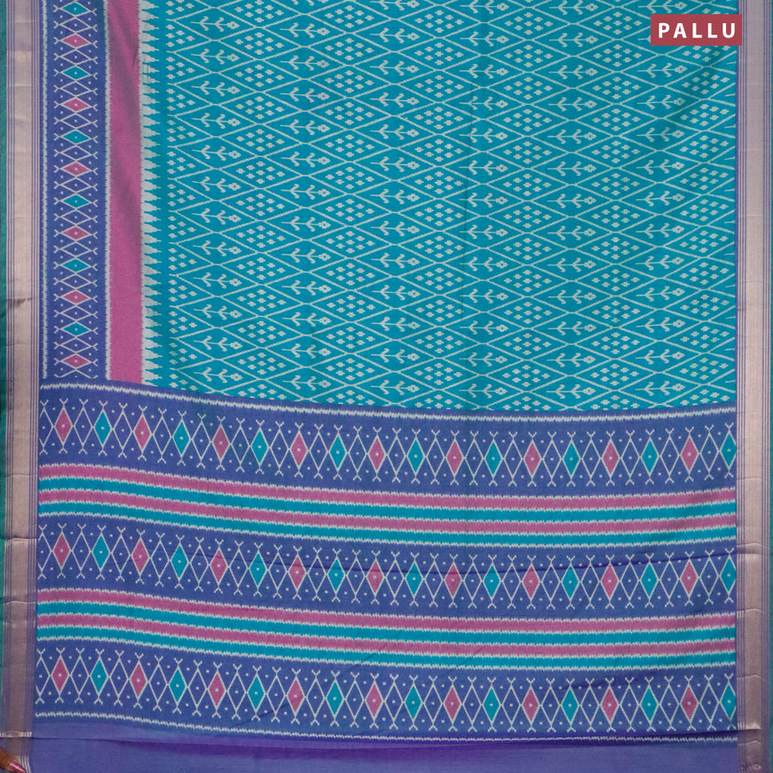 Semi tussar saree dual shade of teal blue and dual shade of violet with allover ikat weaves and zari woven border