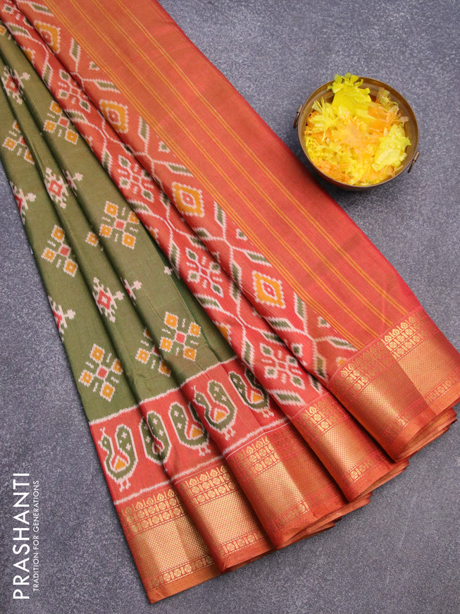 Semi tussar saree green shade and rust shade with allover ikat butta weaves and zari woven border