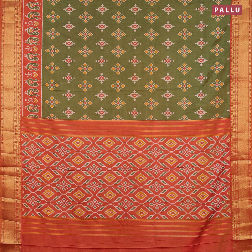 Semi tussar saree green shade and rust shade with allover ikat butta weaves and zari woven border