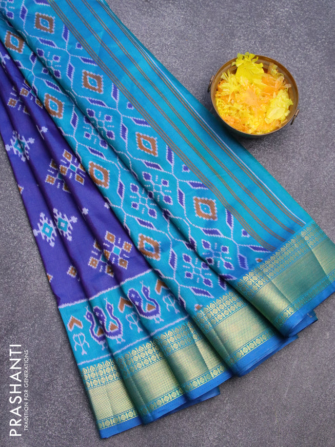 Semi tussar saree blue and teal blue with allover ikat butta weaves and zari woven border