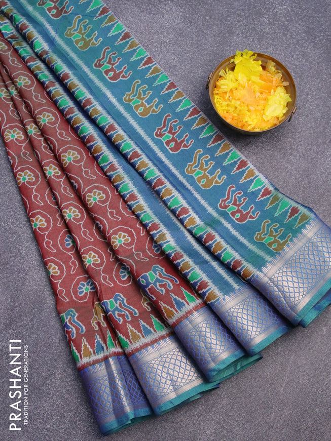 Semi tussar saree maroon shade and dual shade of bluish green with allover floral prints and zari woven border
