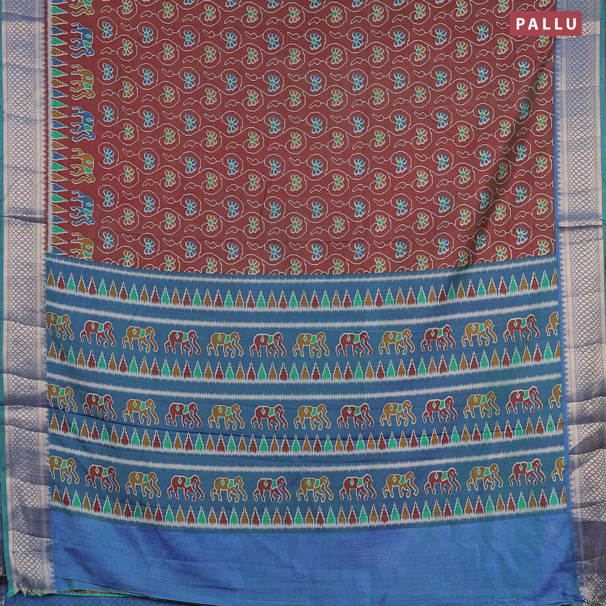 Semi tussar saree maroon shade and dual shade of bluish green with allover floral prints and zari woven border