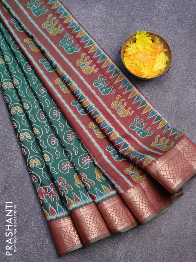 Semi tussar saree green and dual shade of maroon with allover floral prints and zari woven border
