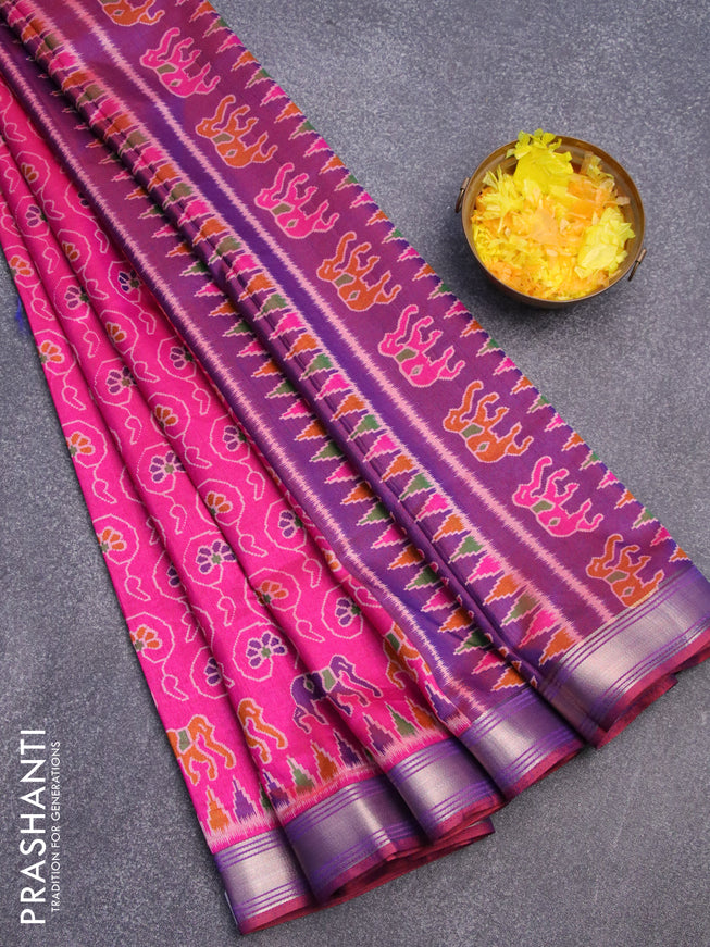 Semi tussar saree pink and dual shade of bluish maroon with allover floral prints and zari woven border