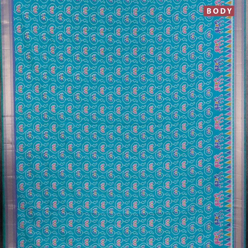 Semi tussar saree teal blue and blue with allover floral prints and zari woven border