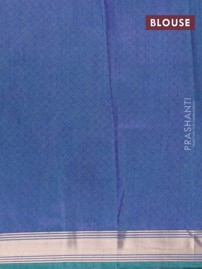 Semi tussar saree teal blue and blue with allover floral prints and zari woven border