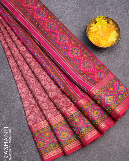 Semi tussar saree maroon and pink with allover ajrakh weaves and zari woven ikat border