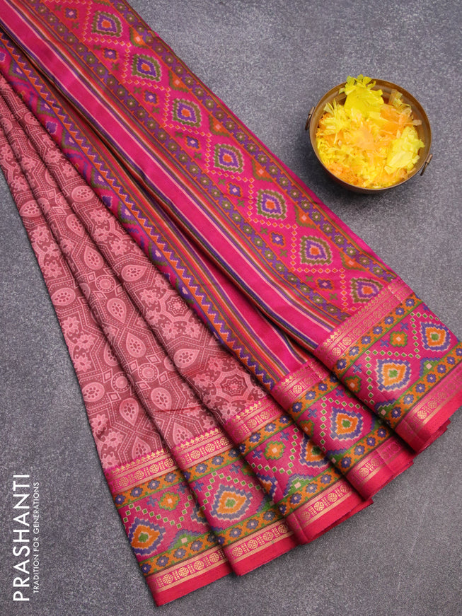 Semi tussar saree maroon and pink with allover ajrakh weaves and zari woven ikat border