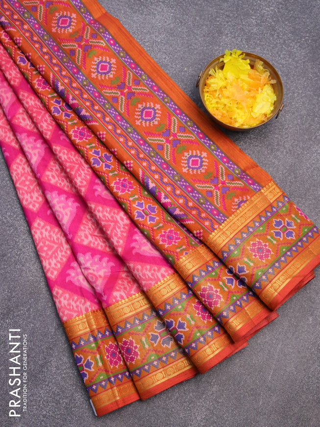 Semi tussar saree pink and rust shade with allover ikat weaves and zari woven border