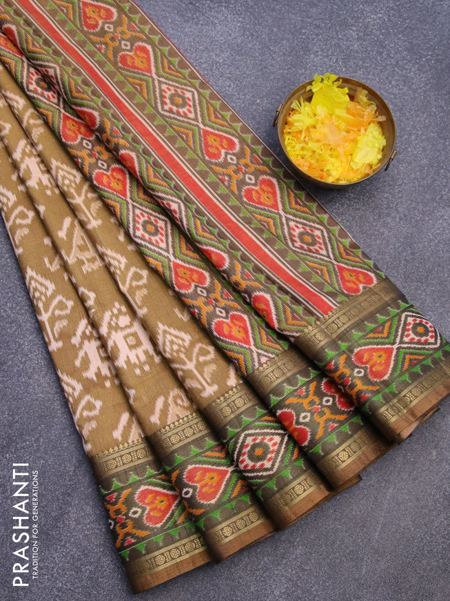 Semi tussar saree elaichi green shade and brown shade with allover ikat weaves and zari woven border